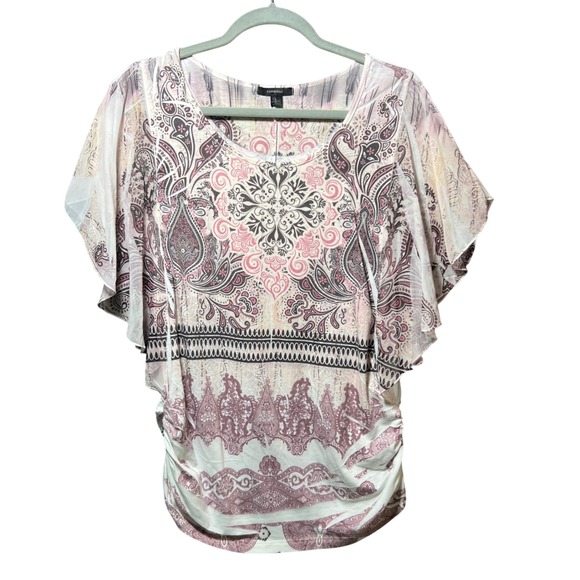 Espresso Tops - Espresso Paisley Flutter Sleeve Ruched Tunic Top Sheer Overlay Pink Beige‎ L